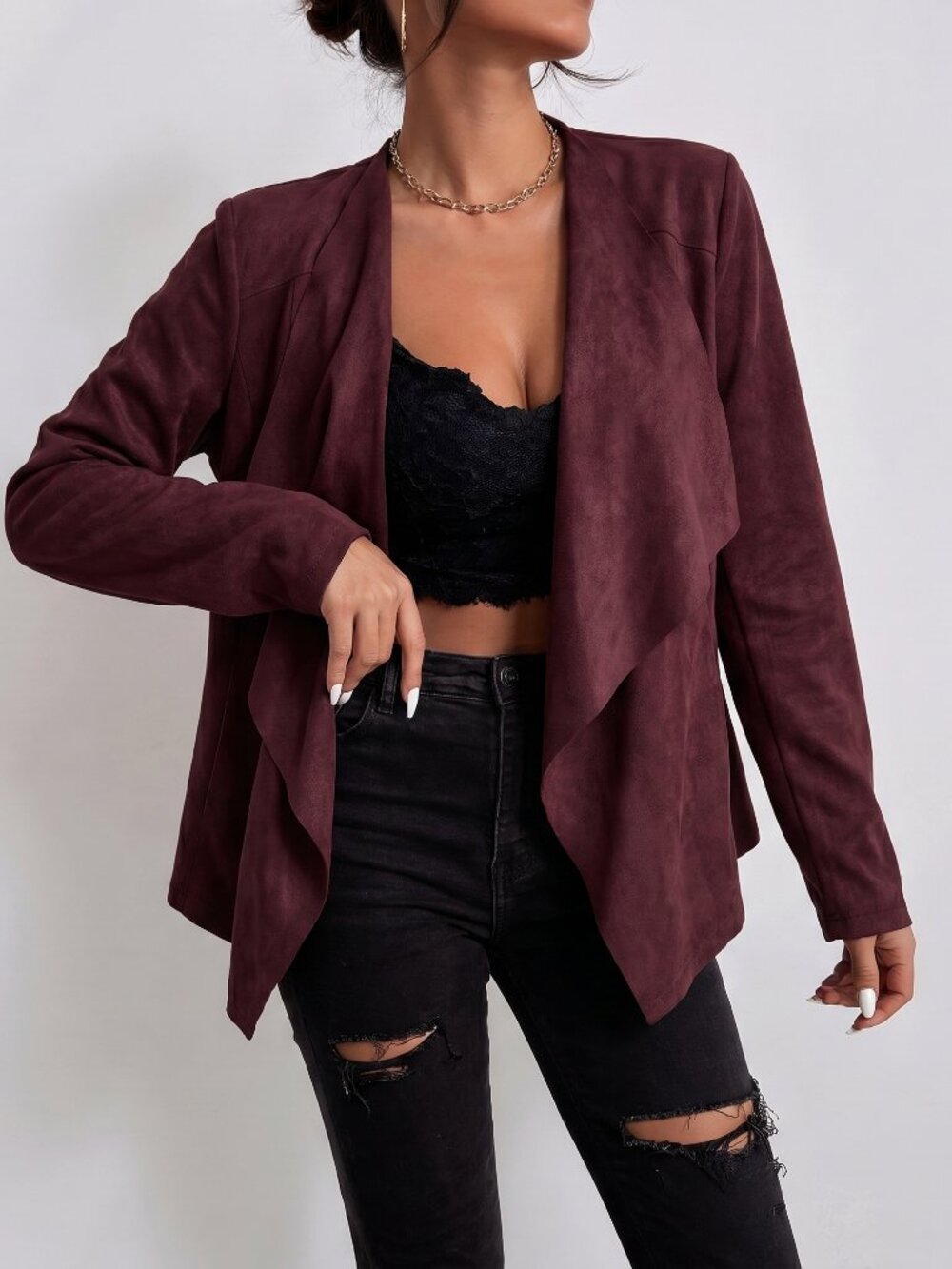 Kut from the Kloth Women's Plum Draped Waterfall Front Faux Suede Jacket Medium